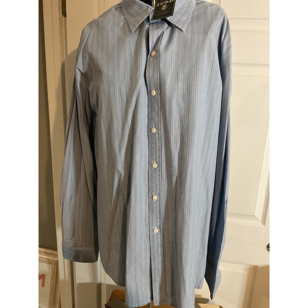 NWT IZOD Mens XL Long Sleeve Button Down Shirt Blue White Mic Stripe 100% Cotton